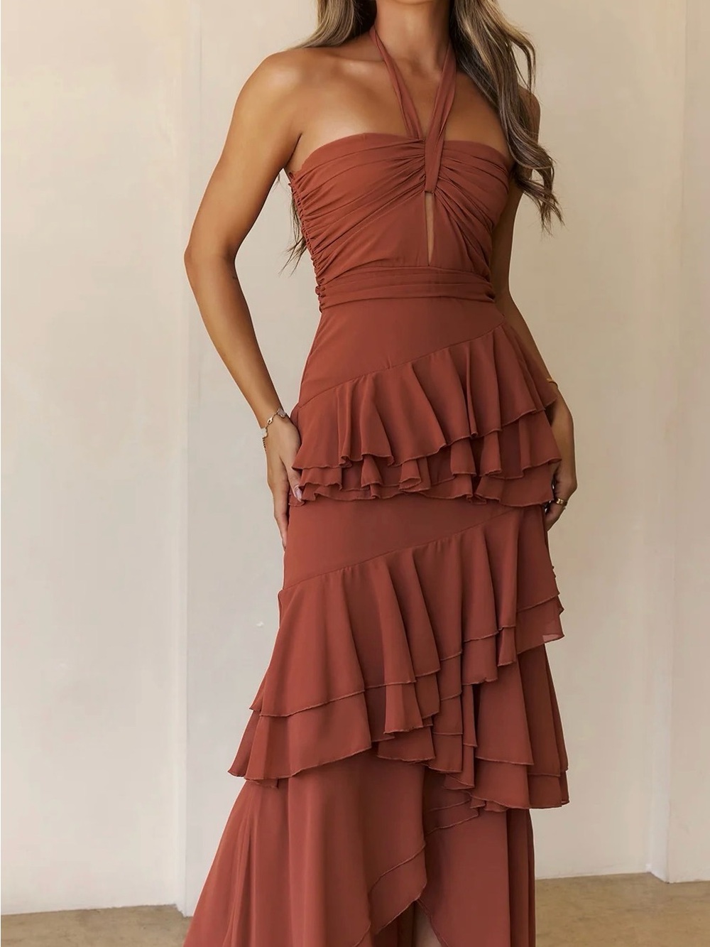 Hello Molly Rust Halter Strapless Ruffle Maxi Dress